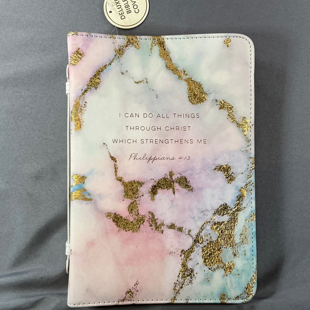 NWT Eccolo Deluxe Bible Cover Philippians 4:13 Marble Gold Foil Zip Case